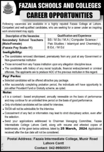 Fazaia Schools and College Jobs