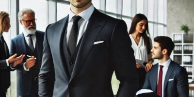 A confident lawyer standing in a modern office with a group of colleagues discussing in the background.